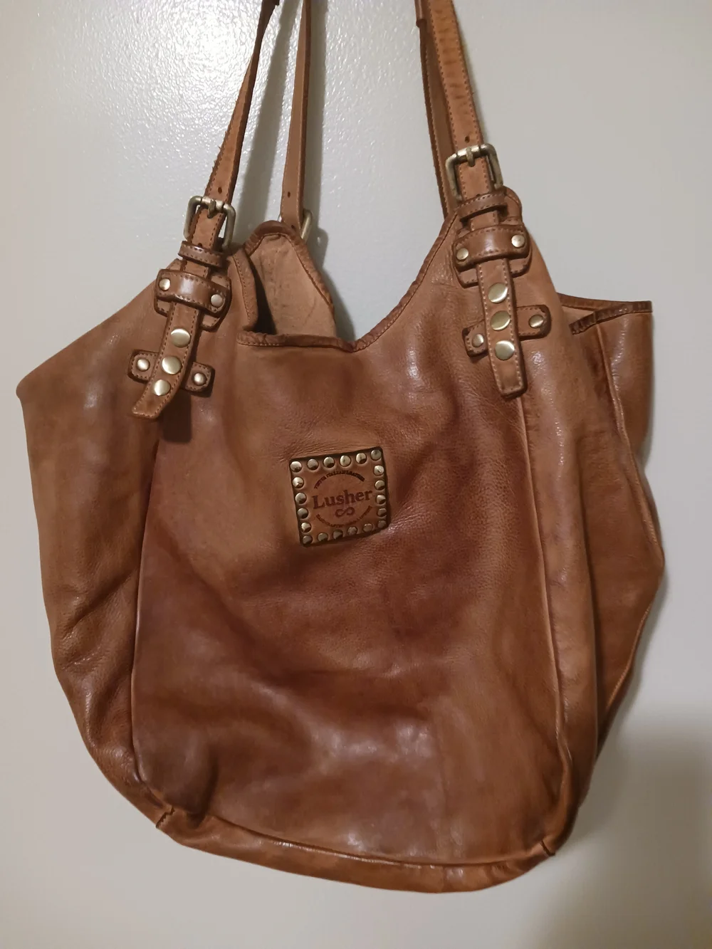 Lusher Vintage Italian Stud-Accent Brown Leather Hobo Bag